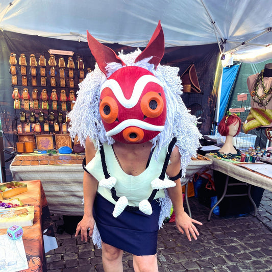 SteamVoyage - Princess Mononoke crochet cosplay with hand-painted leather mask and ears