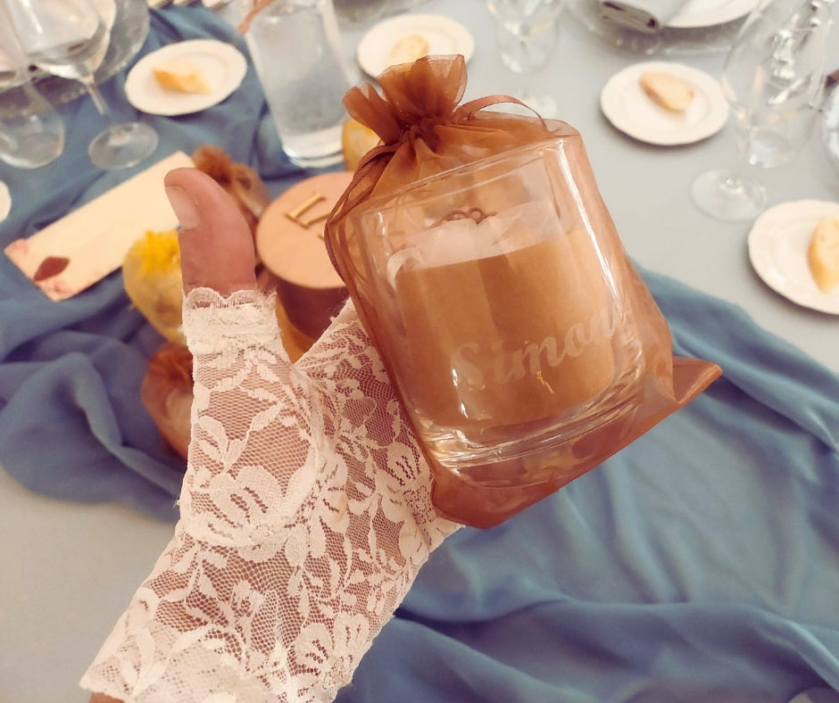 bomboniera steampunk per matrimonio - bicchiere in vetro con incisione del nome dell'invitato
