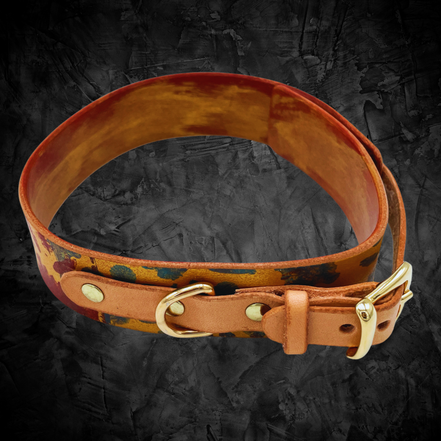steamvoyage-collare artigianale in cuoio per cane di taglia piccola con fantasia steampunk di ingranaggi oro marrone e azzurro e fibbia e gancio in acciaio dorato