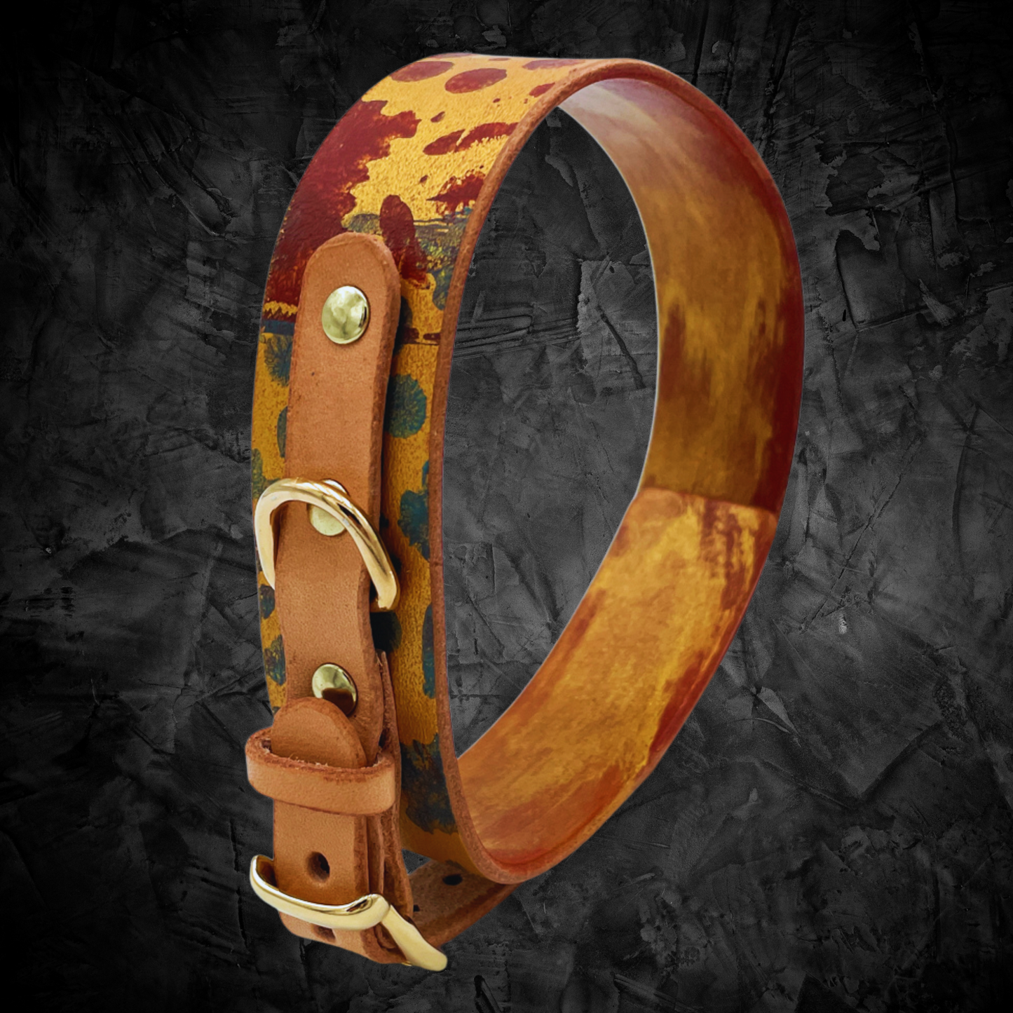 steamvoyage-collare artigianale in cuoio per cane di taglia piccola con fantasia steampunk di ingranaggi oro marrone e azzurro e fibbia e gancio in acciaio dorato