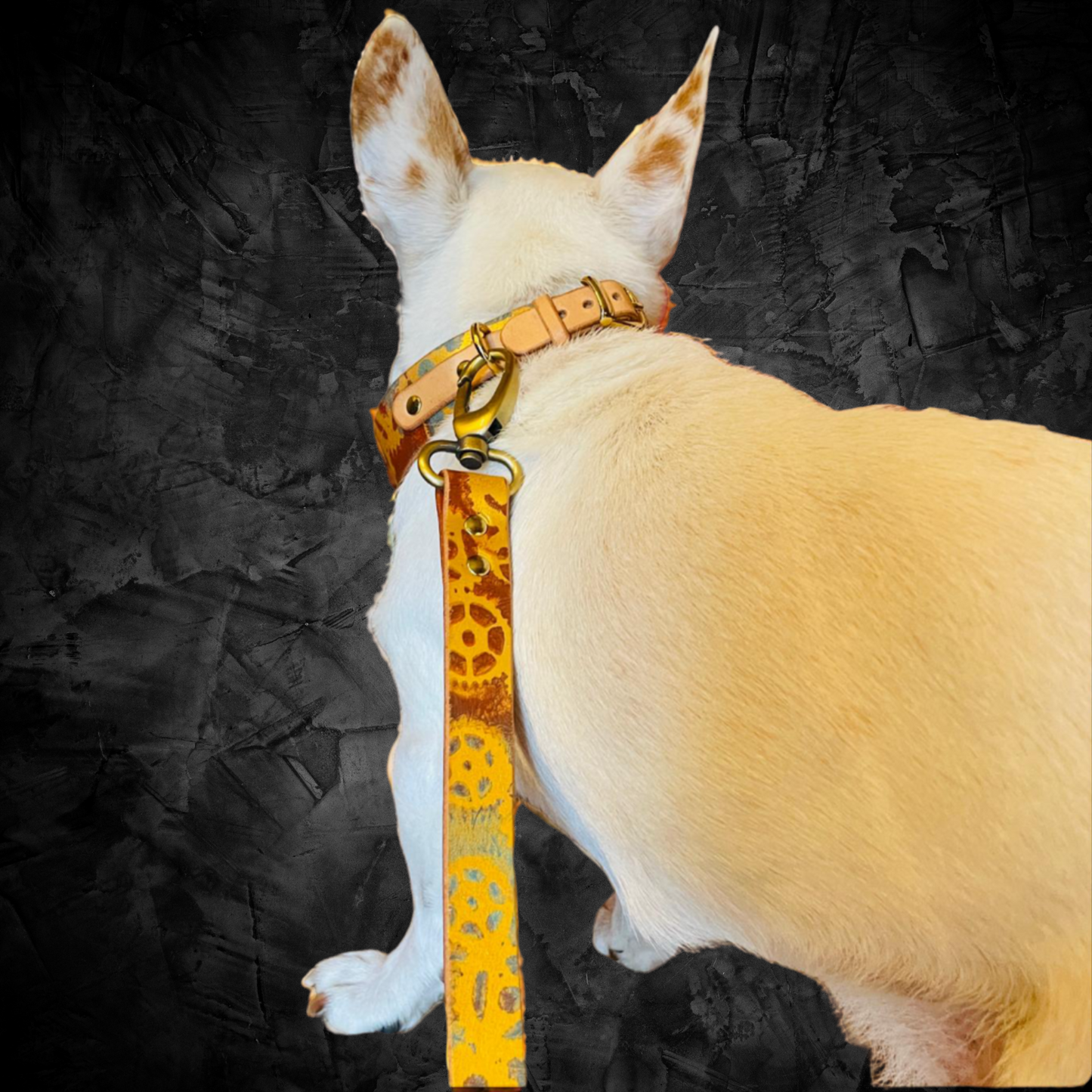 steamvoyage-collare artigianale in cuoio per cane di taglia piccola con fantasia steampunk di ingranaggi oro marrone e azzurro e fibbia e gancio in acciaio dorato