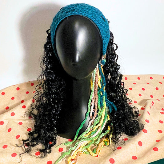 SteamVoyage - fascia per capelli lunghi in lana verde, gialla e marrone lavorata all'uncinetto con punto rete e decorata con passamaneria colorata