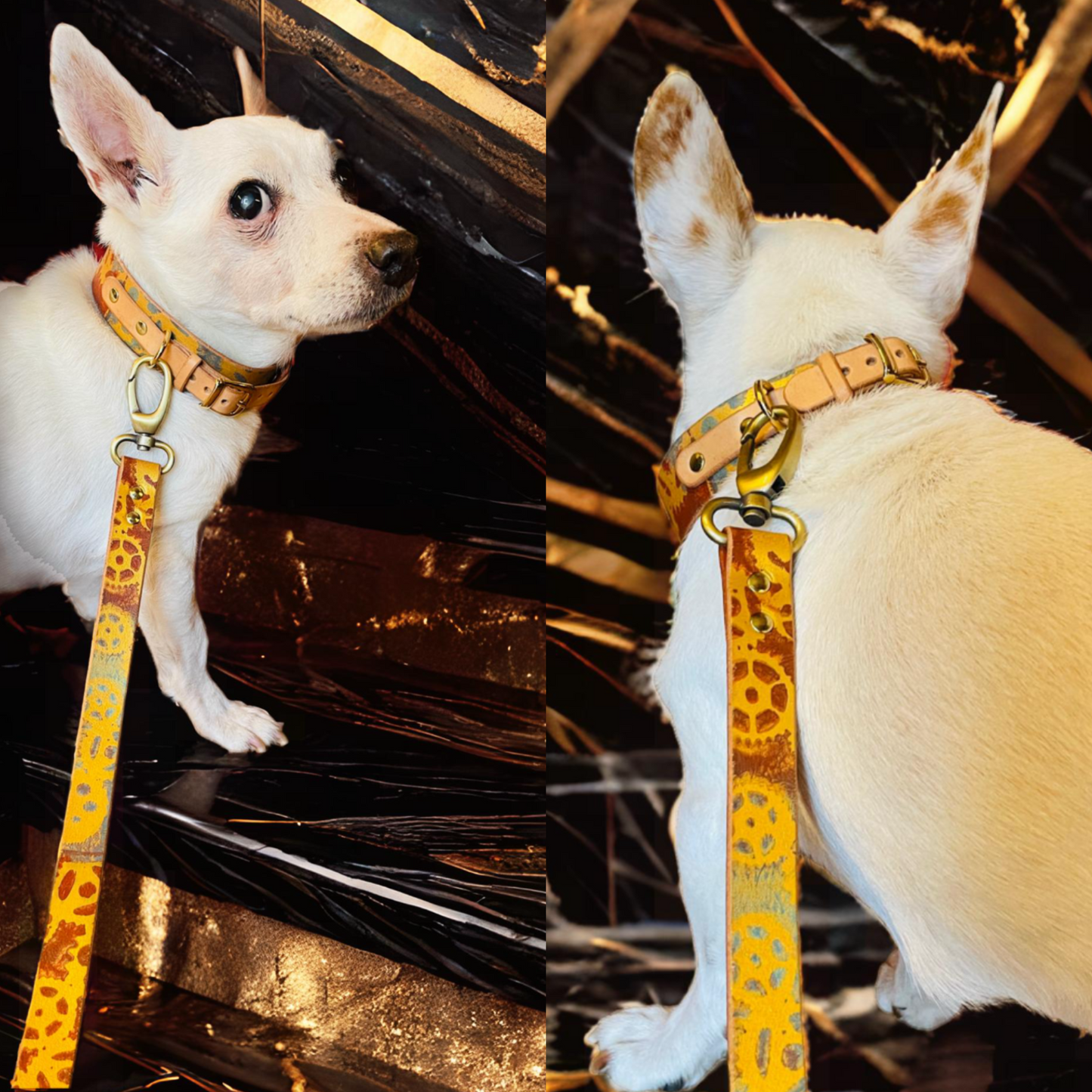 steamvoyage-guinzaglio per cane di piccola taglia in cuoio dipinto con fantasia steampunk di ingranaggi oro azzurro e marrone con gancio ottonato