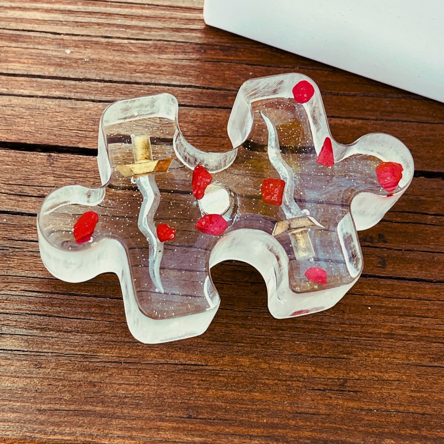 Magnete in resina a forma di puzzle con inserto di miniature dipinte a mano dele lame dell'assassino di dungeons and dragons