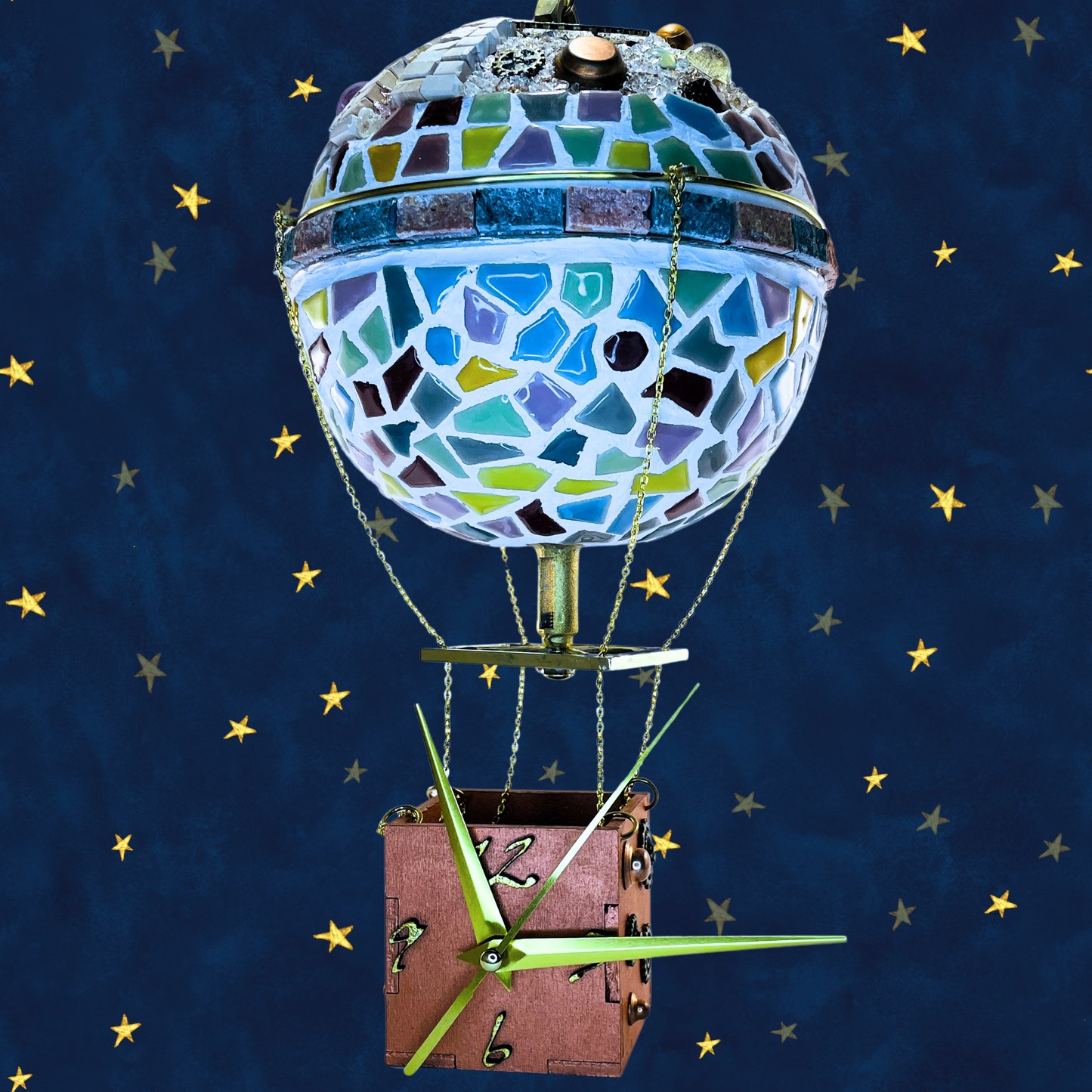 steamvoyage-mongolfiera orologio artigianale con mosaico e pietre semipreziose
