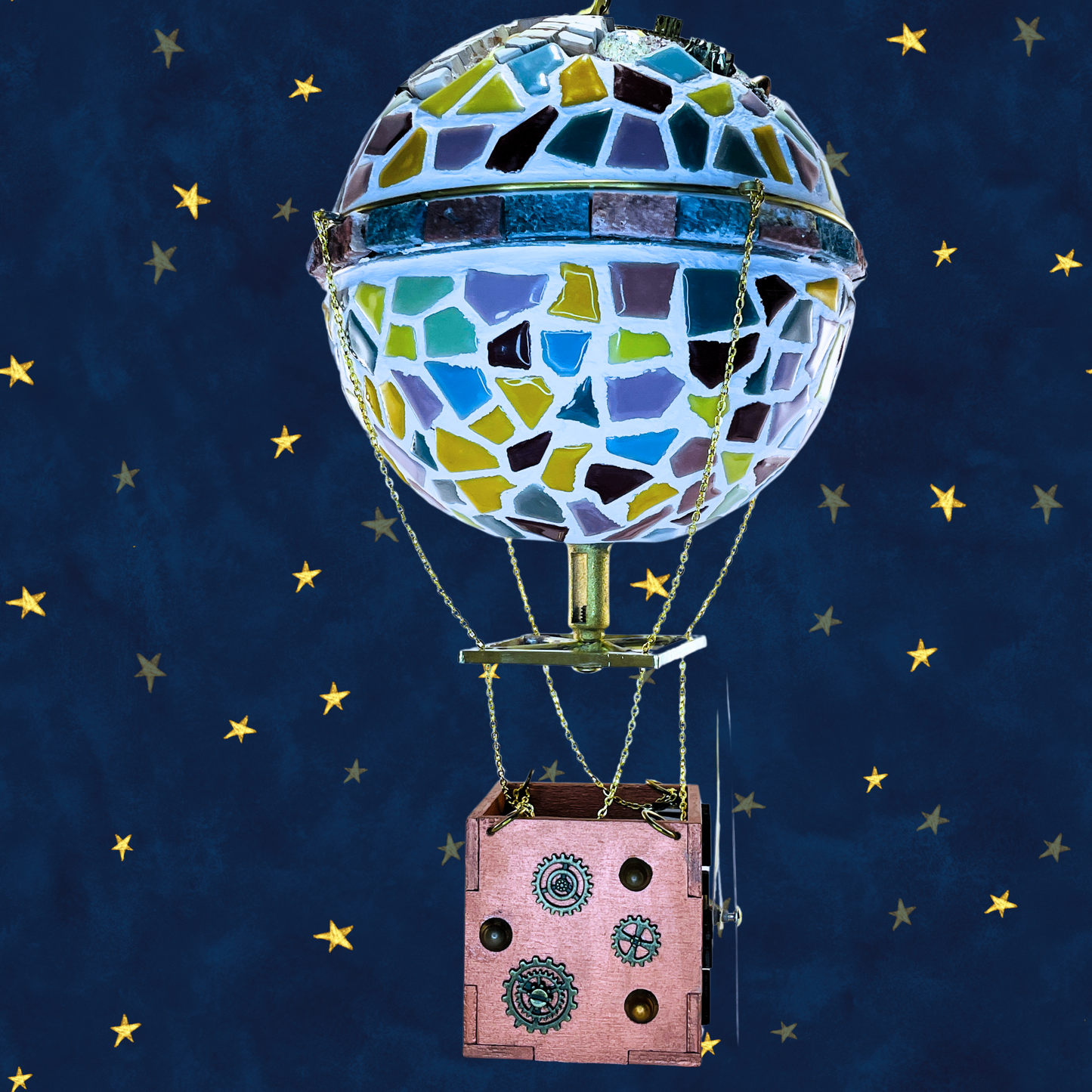 steamvoyage-mongolfiera orologio artigianale con mosaico e pietre semipreziose