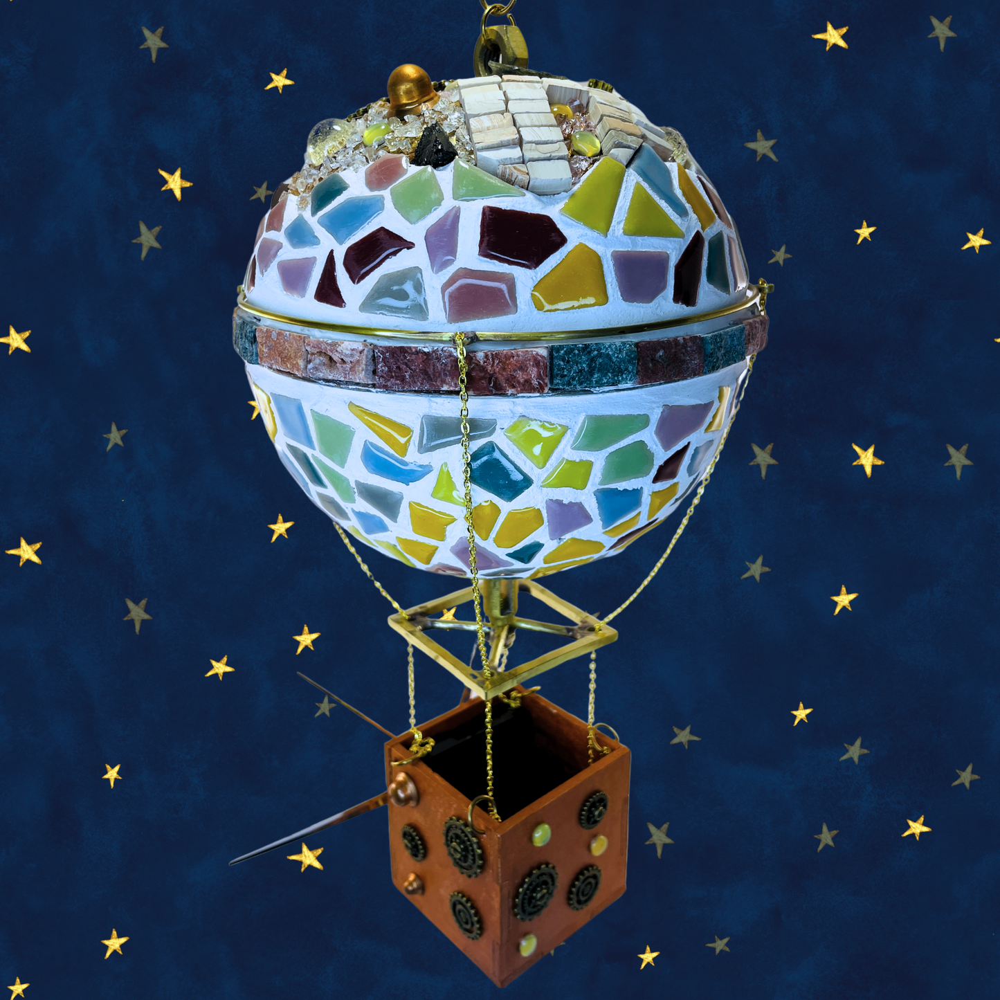 steamvoyage-mongolfiera orologio artigianale con mosaico e pietre semipreziose