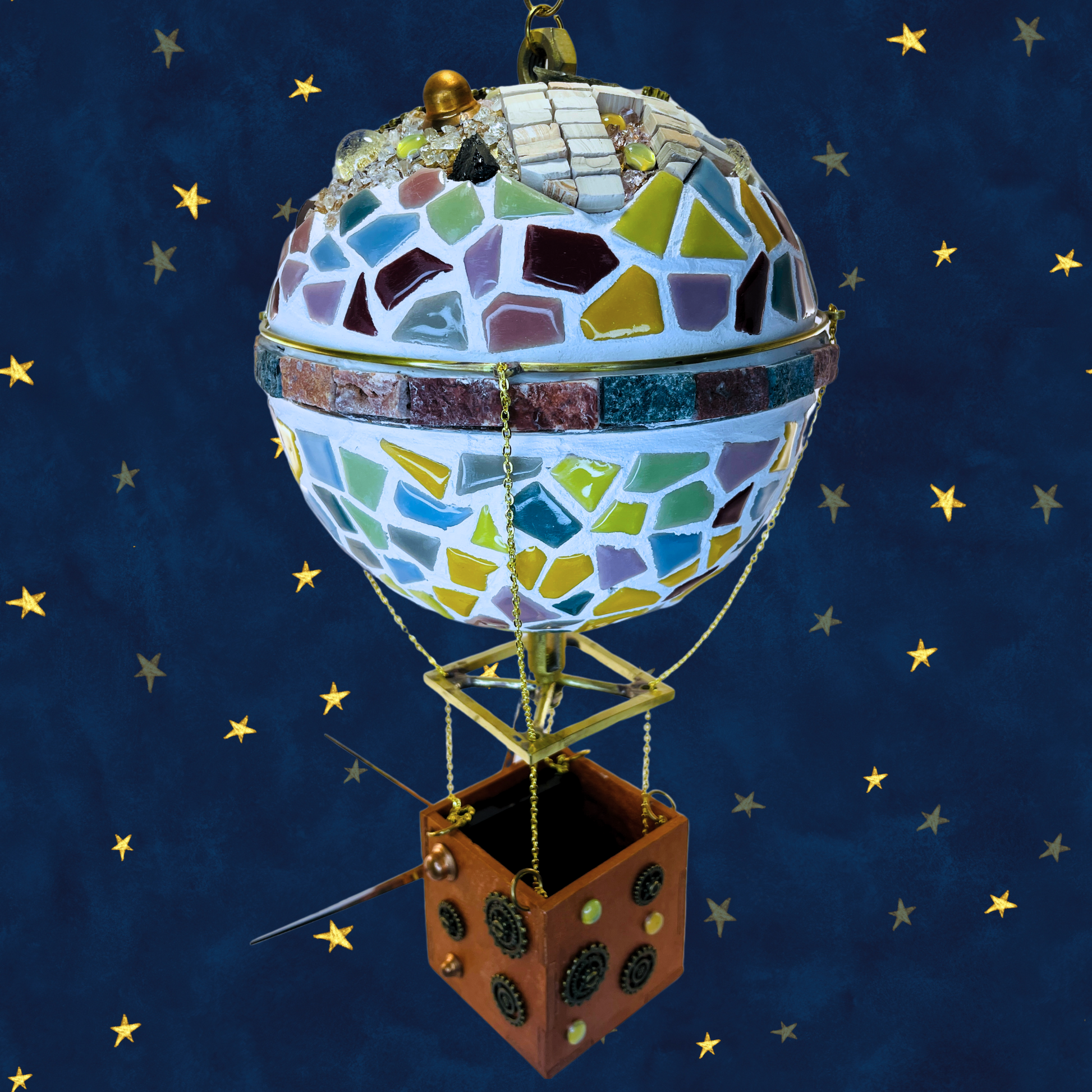 steamvoyage-mongolfiera orologio artigianale con mosaico e pietre semipreziose