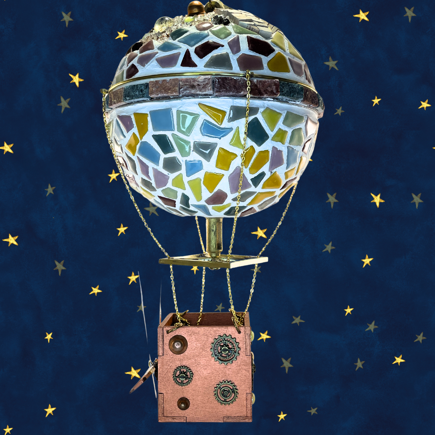 steamvoyage-mongolfiera orologio artigianale con mosaico e pietre semipreziose