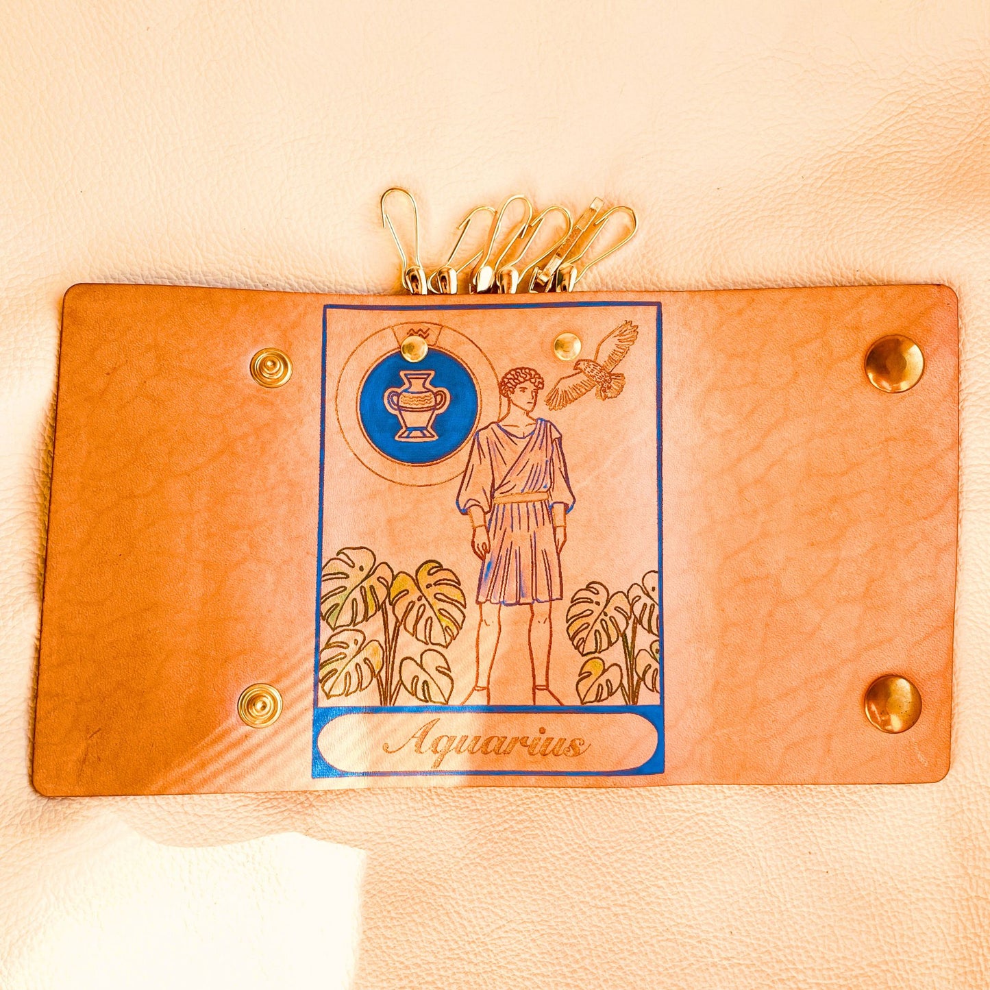 SteamVoyage - portachiavi in cuoio inciso al laser e dipinto a mano con immagini ispirate ai segni zodiacali e ai relativi miti greci e romani - acquario azzurro aperto