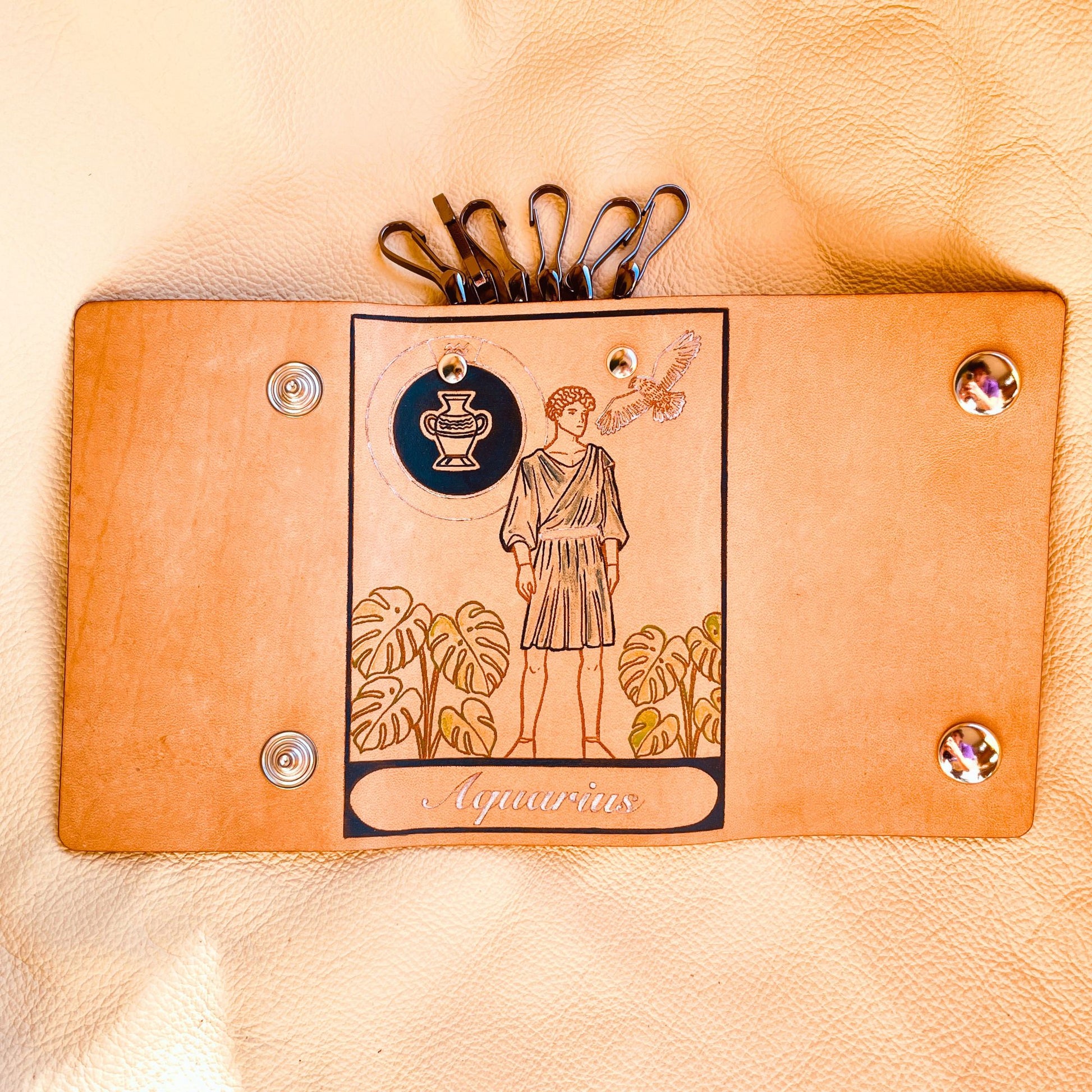 SteamVoyage - portachiavi in cuoio inciso al laser e dipinto a mano con immagini ispirate ai segni zodiacali e ai relativi miti greci e romani - acquario blu aperto