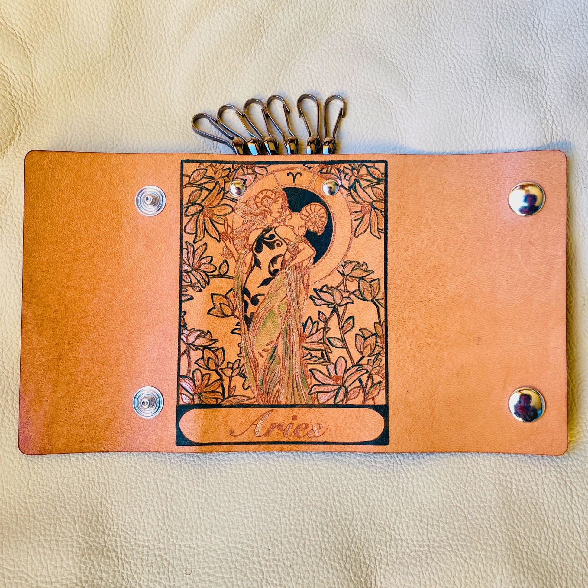 SteamVoyage - portachiavi in cuoio inciso al laser e dipinto a mano con immagini ispirate ai segni zodiacali e ai relativi miti greci e romani - ariete verde aperto