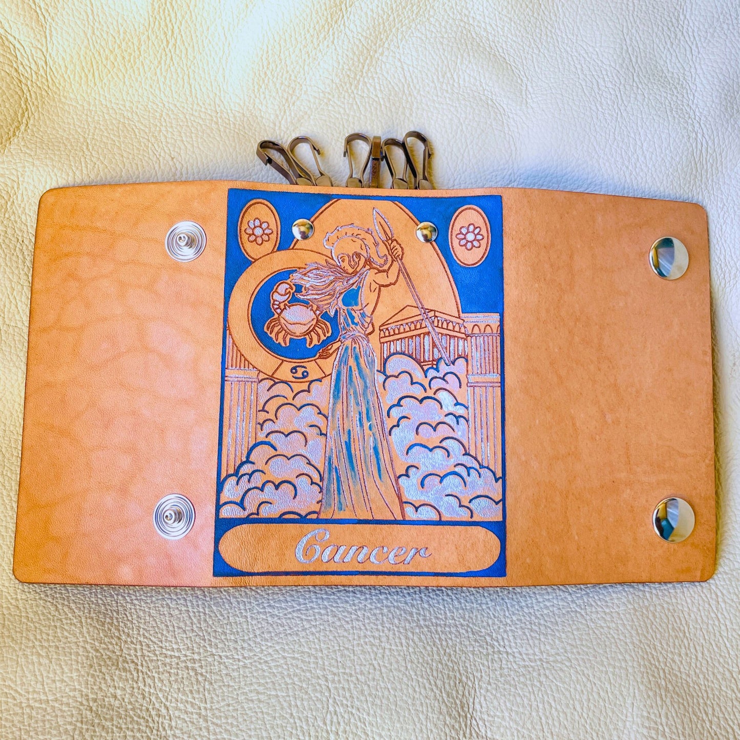 SteamVoyage - portachiavi in cuoio inciso al laser e dipinto a mano con immagini ispirate ai segni zodiacali e ai relativi miti greci e romani - cancro azzurro aperto