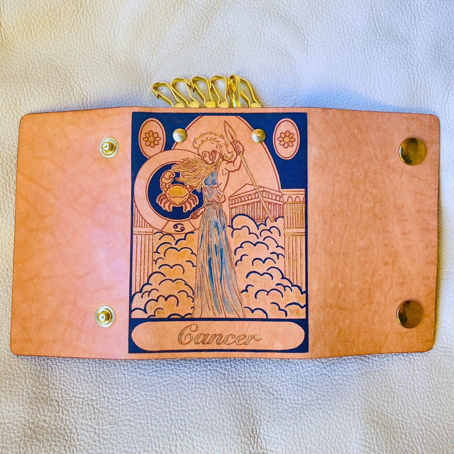 SteamVoyage - portachiavi in cuoio inciso al laser e dipinto a mano con immagini ispirate ai segni zodiacali e ai relativi miti greci e romani - cancro blu aperto