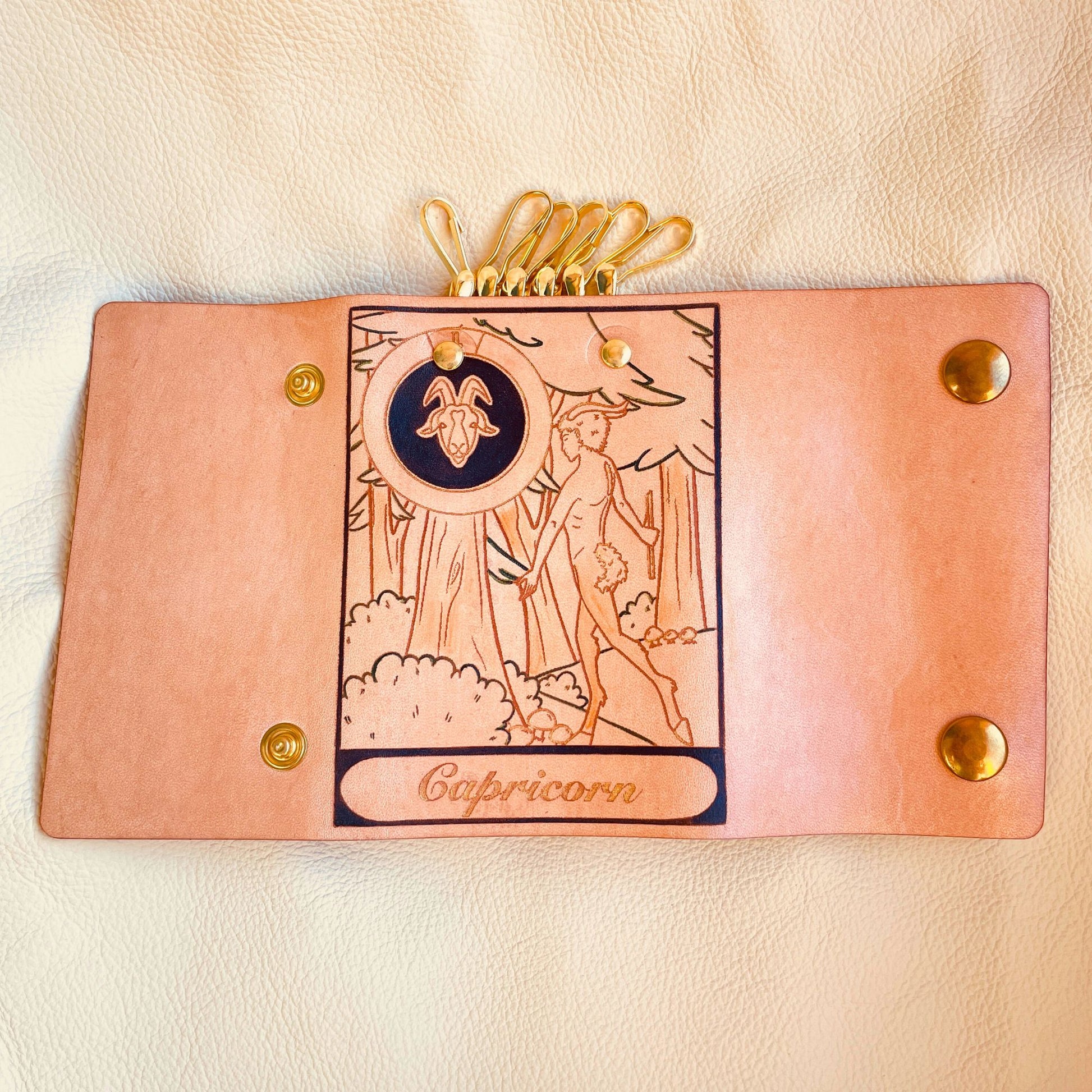 SteamVoyage - portachiavi in cuoio inciso al laser e dipinto a mano con immagini ispirate ai segni zodiacali e ai relativi miti greci e romani - capricorno nero aperto