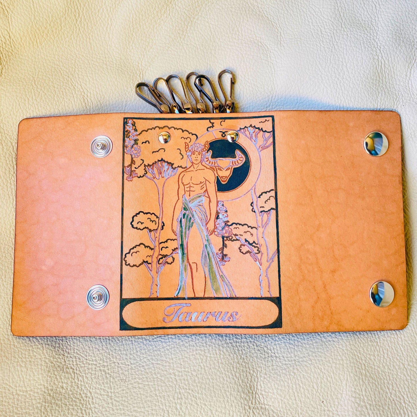 SteamVoyage - portachiavi in cuoio inciso al laser e dipinto a mano con immagini ispirate ai segni zodiacali e ai relativi miti greci e romani - toro verde aperto