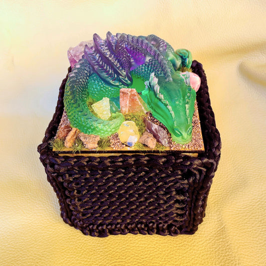 SteamVoyage - scatola del tesoro del draco in raso, legno, resina epossidica e pietre semi preziose