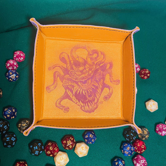 SteamVoyage - vassoio lancia dadi rivestito in pelle viola con incisione al laser di un Beholder dipinto di viola e quattro bottoni angolari richiudibili per sessioni di gioco di ruolo e gioco da tavolo