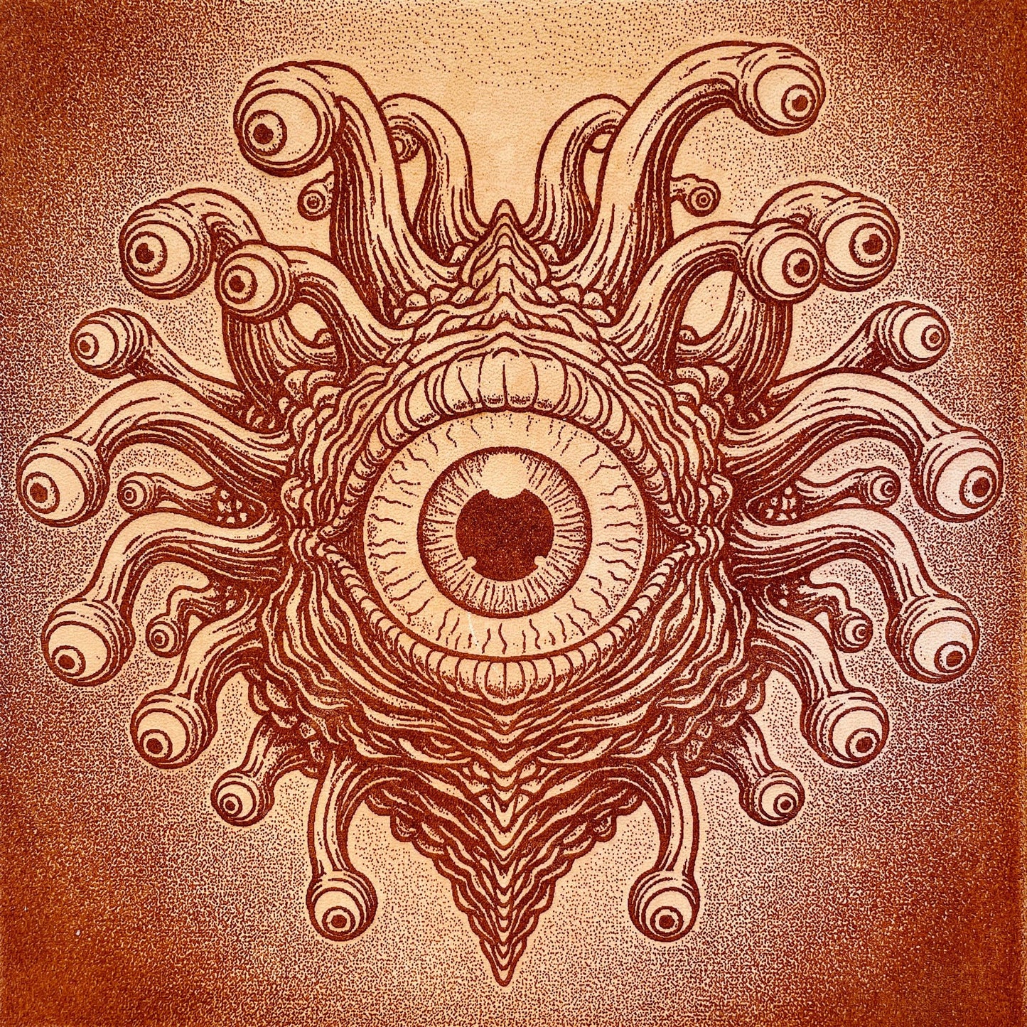 SteamVoyage - vassoio lancia dadi artigianale per gioco da tavolo in cuoio non rivestito con quattro bottoni angolari in ferro dorato e incisione al laser di un beholder, mostro tipico del gioco di ruolo Dungeons and Dragons